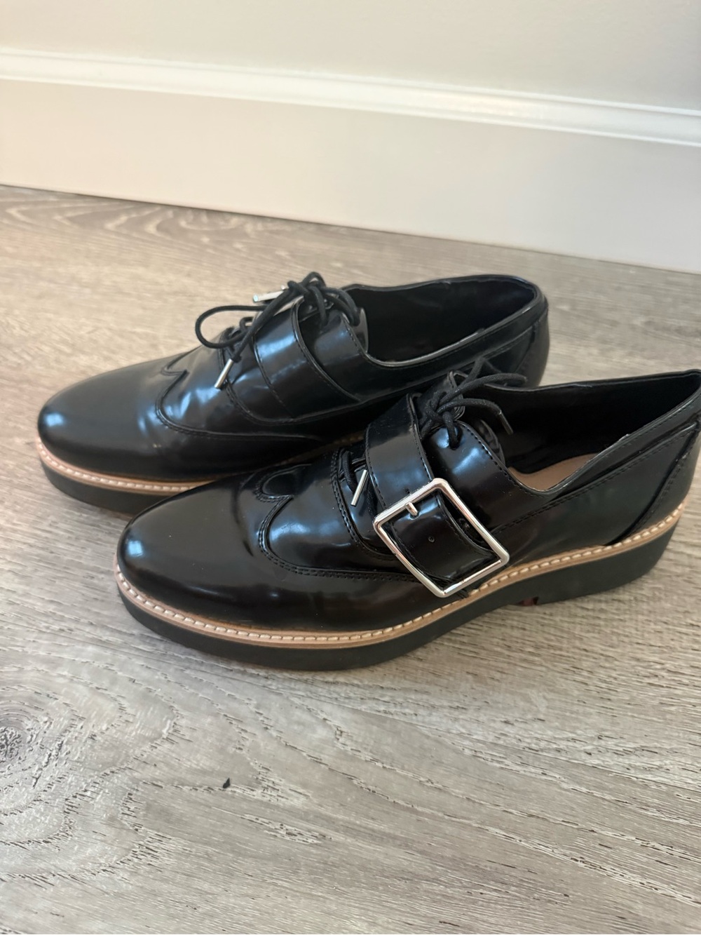 Women ZARA Black Buckle Lace-Up Shoes